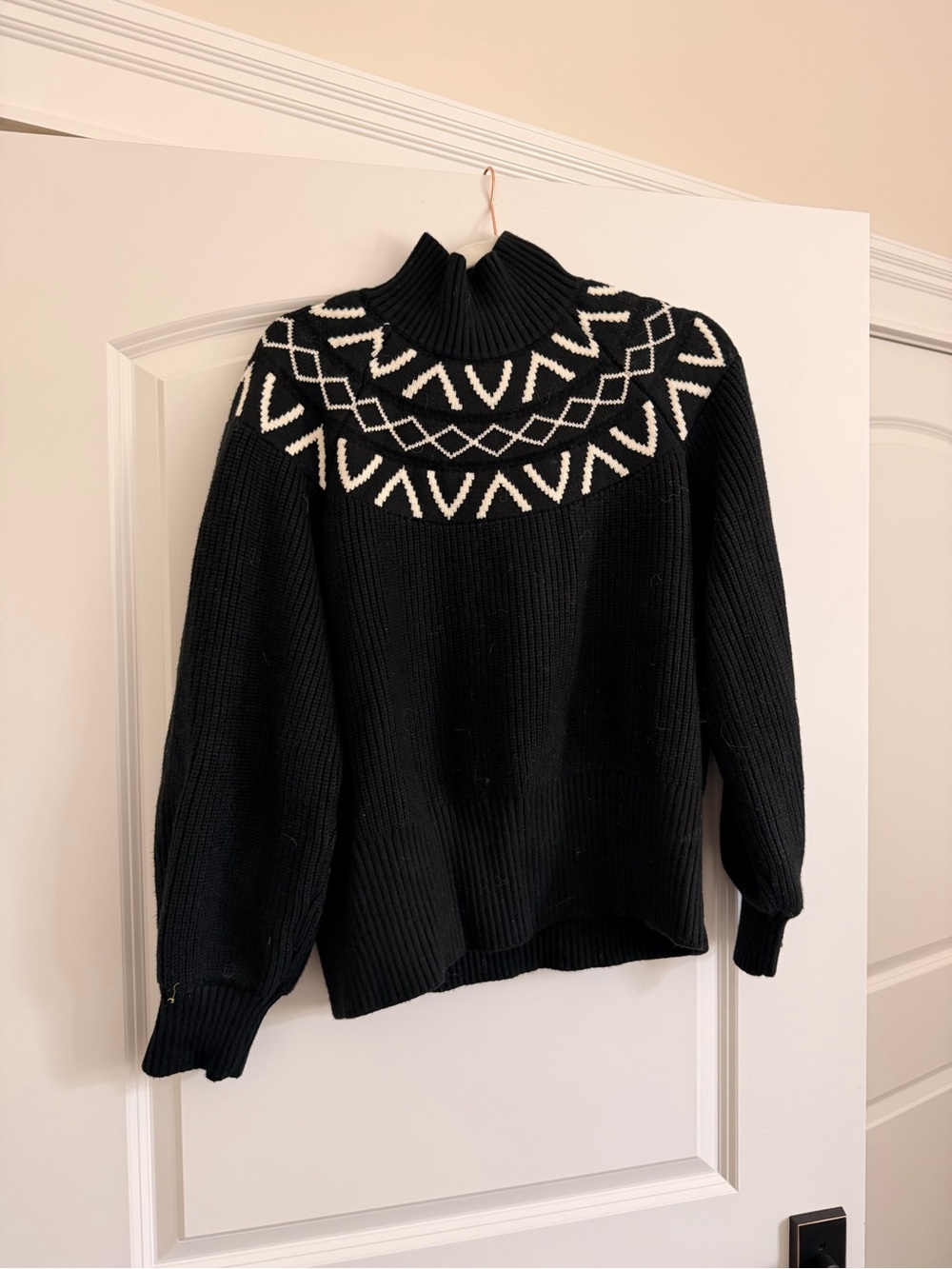 Varley Black Knit Sweater with White Fair Isle Yoke